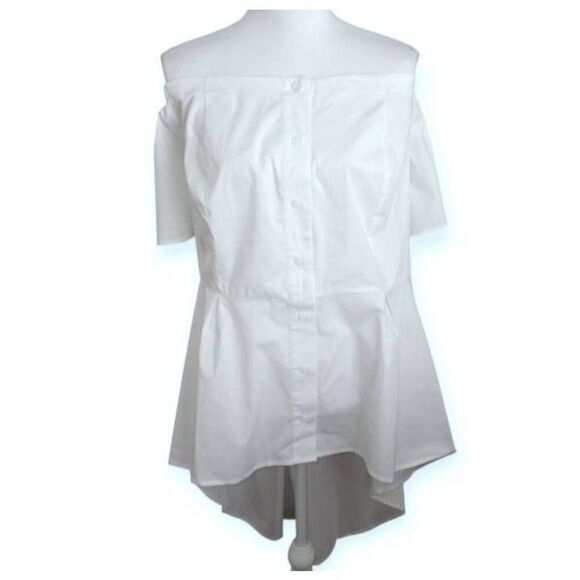 LANE BRYANT WHITE BUTTON DOWN OFF-THE-SHOULDER HI-LO SHIRT SZ.20 NWT. - Picture 1 of 9